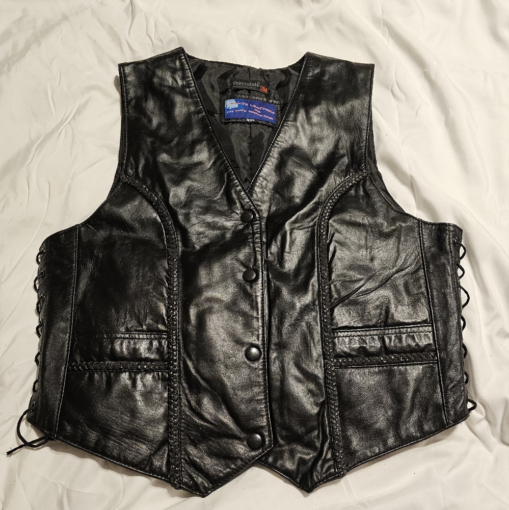 VTG Vance Leathers Kids Size XXL (Womans S) Black Leather Vest Side Lace